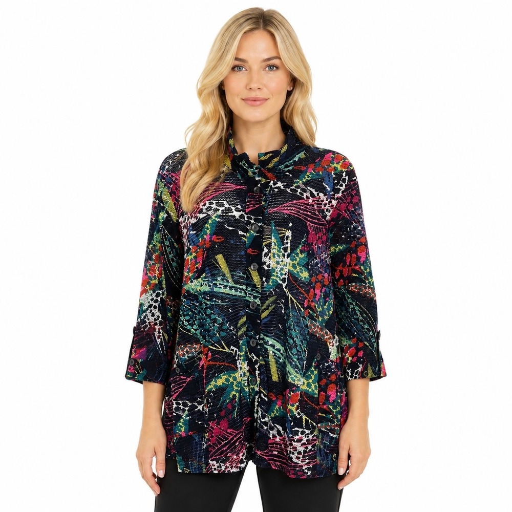 Ali Miles Open Knit Top XL Colorful Abstract Button Front Lightweight Tunic